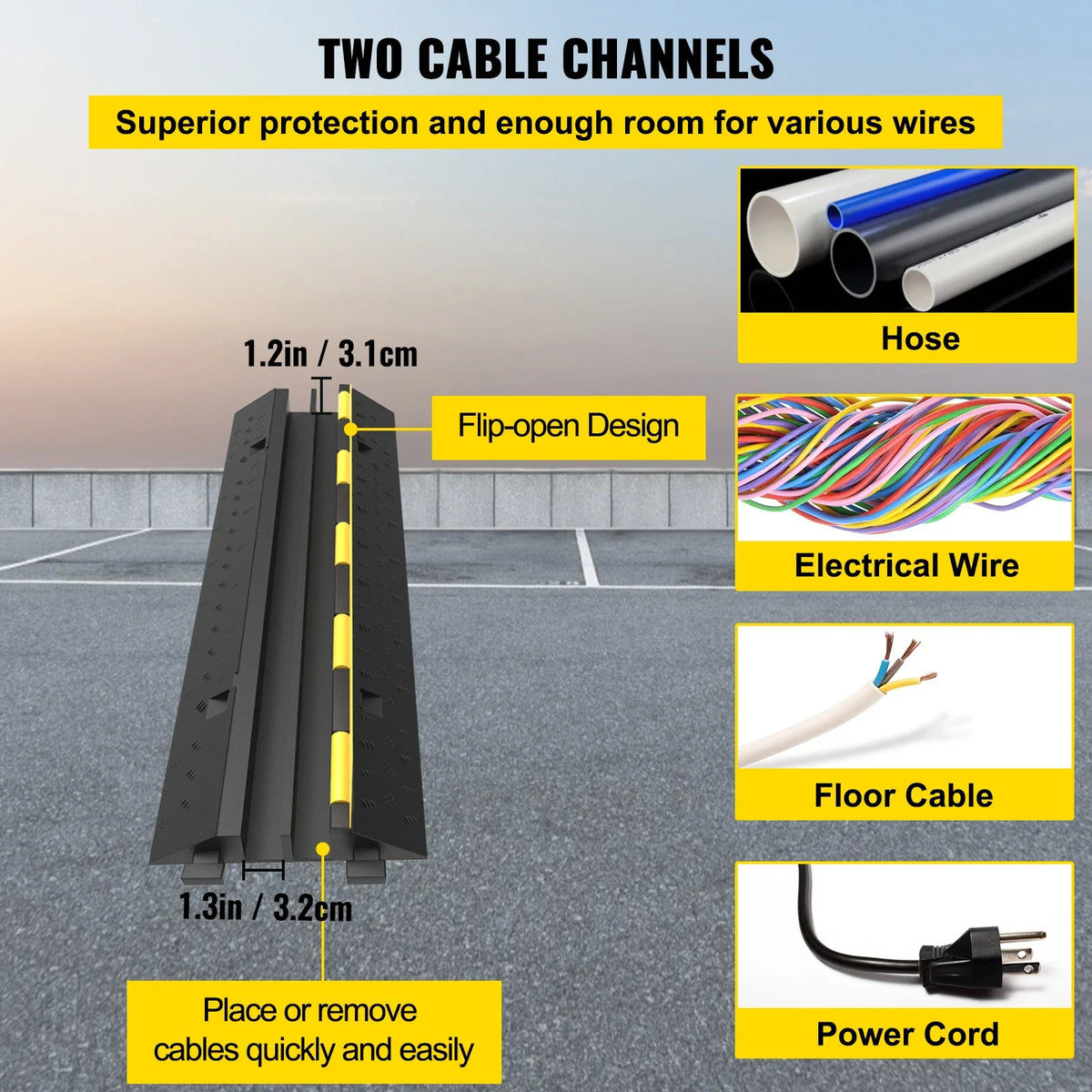 SucceBuy 2-Channel Cable Protector Ramp – Heavy-Duty Rubber & PVC Cord Cover, 11,000 lb Capacity for Driveways & Traffic Areas