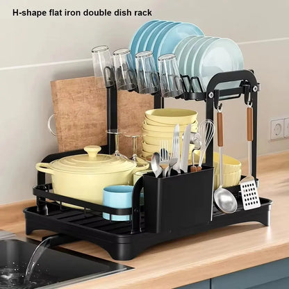 2 Tier Dish Drying Rack with Drain Basket - Kitchen Countertop Dinnerware Organizer | Dish & Bowl Drainer Storage Rack with Drainboard