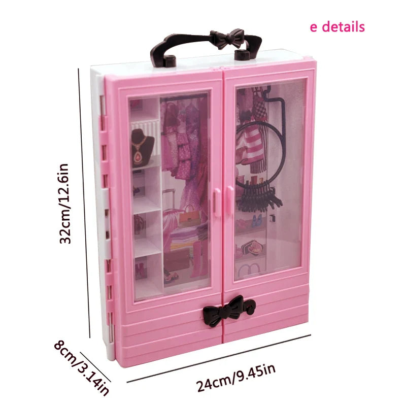 Pink Doll Wardrobe Playset with 10 Hangers – Fold-Out Portable Closet Fashion Toy Gift