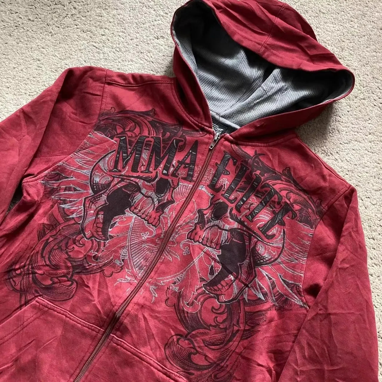 2000s Red Couple Zipper Hoodie – Vintage Y2K Skull Snake Cotton Full-Zip Sweatshirt