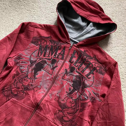 2000s Red Couple Zipper Hoodie – Vintage Y2K Skull Snake Cotton Full-Zip Sweatshirt