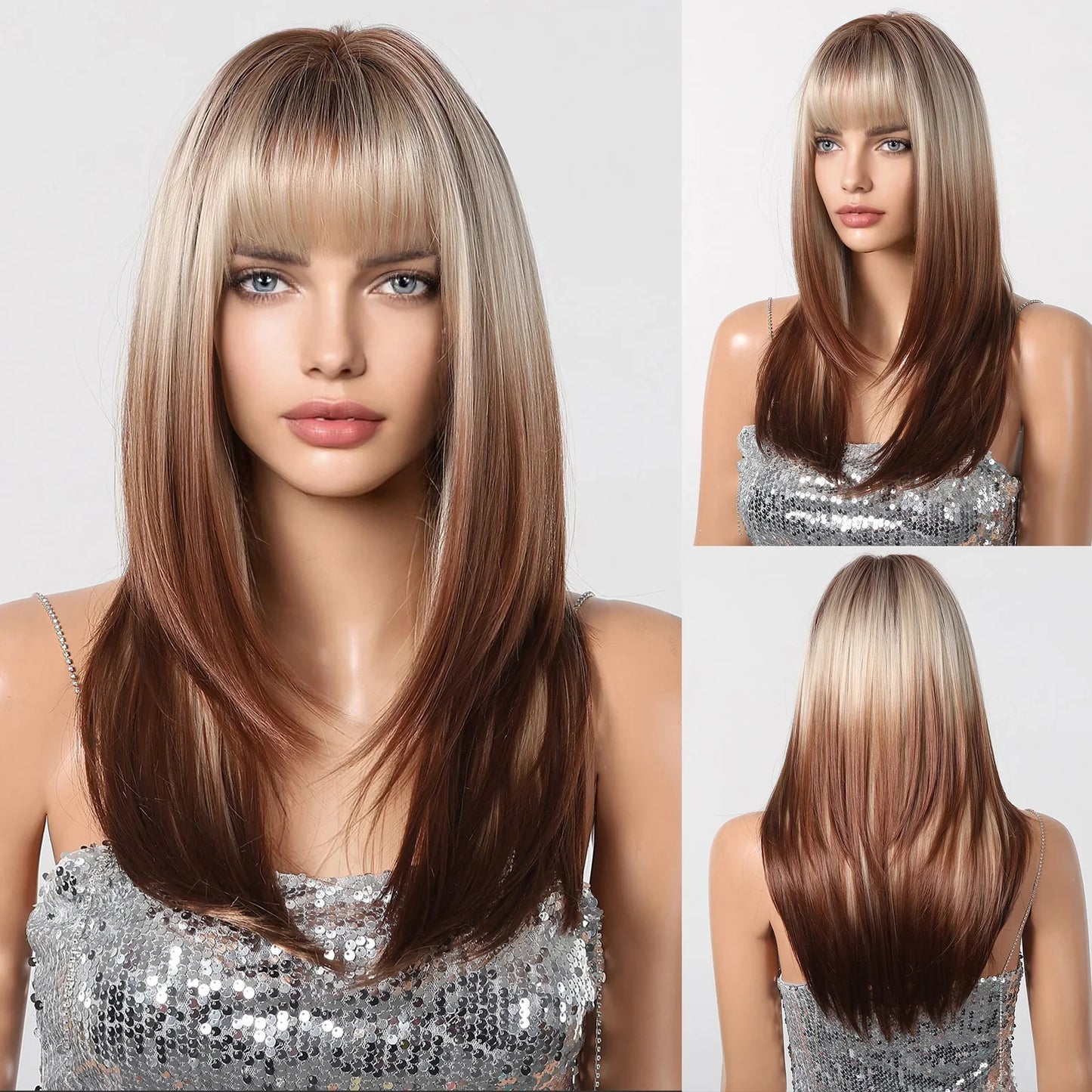 ALAN EATON Blonde Layered Synthetic Wig with Bangs – Long Straight Heat-Resistant Wig for Women & Girls, Natural Daily Hair