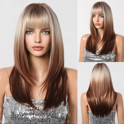ALAN EATON Blonde Layered Synthetic Wig with Bangs – Long Straight Heat-Resistant Wig for Women & Girls, Natural Daily Hair