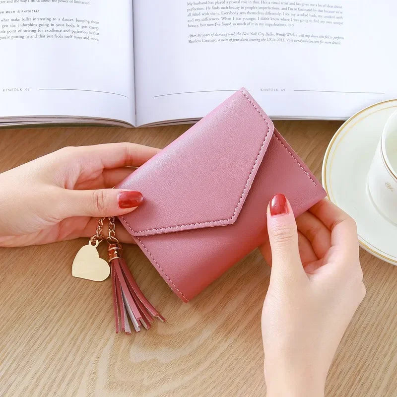 Fashion Short Women’s PU Leather Wallet – Luxury Tassel Hasp Small Coin Purse & Card Holder Pouch