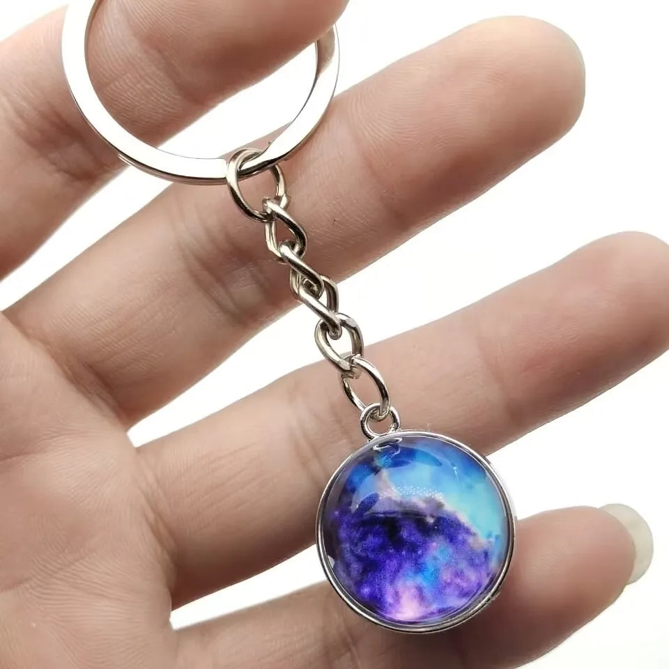 Glow in the Dark Solar System Keychain – Luminous Nebula Planet Key Ring with Moon, Earth, Sun, Double-Sided Glass Ball