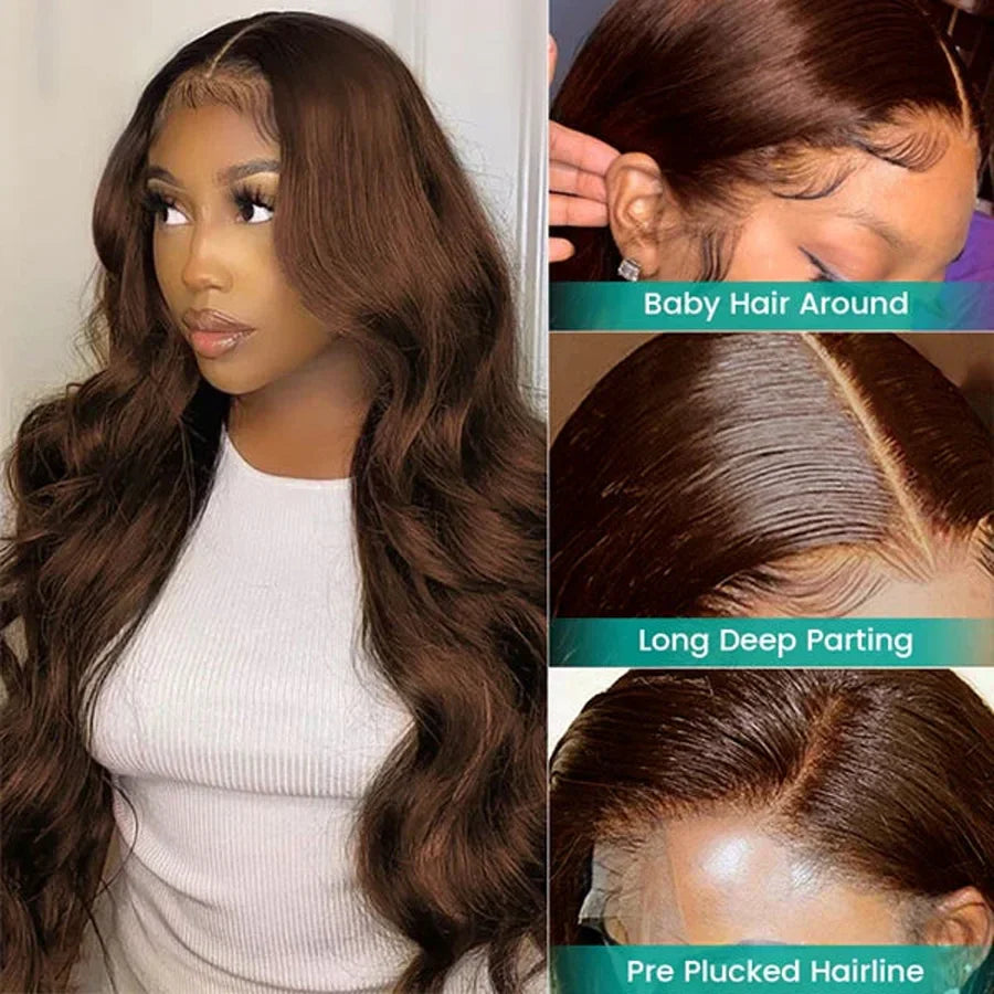 Chocolate Brown 13x6 HD Lace Front Human Hair Wig – Brazilian Body Wave, 4x4 & 13x4 Full Lace Frontal, 100% Human Hair for Women