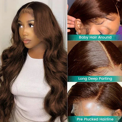 Chocolate Brown 13x6 HD Lace Front Human Hair Wig – Brazilian Body Wave, 4x4 & 13x4 Full Lace Frontal, 100% Human Hair for Women
