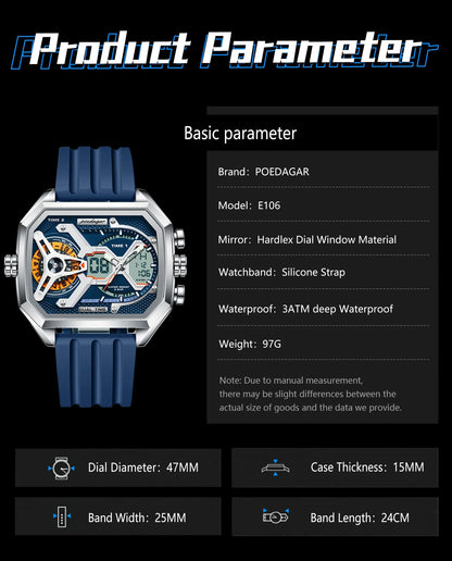 POEDAGAR Men's Luxury LED Wristwatch – Electronic Quartz Watch with Calendar, Week Display, Luminous Hands, and Silicone Strap