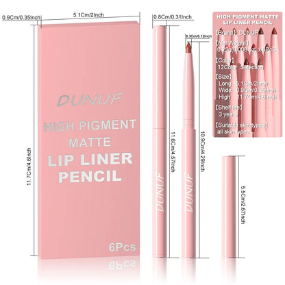 6-Piece Lip Liner Set - Long-Lasting Waterproof & Sweat-Resistant Makeup Pencils