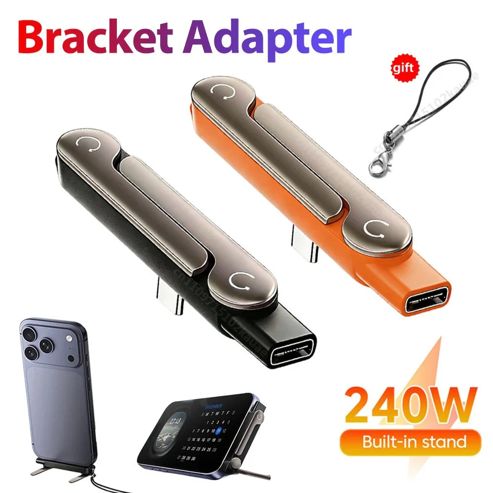 Type-C 240W Fast Charging Bracket Adapter – USB-C Male to USB-C Female OTG Converter with Foldable Holder (1/2/3PCS)