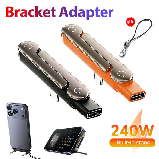 Type-C 240W Fast Charging Bracket Adapter – USB-C Male to USB-C Female OTG Converter with Foldable Holder (1/2/3PCS)