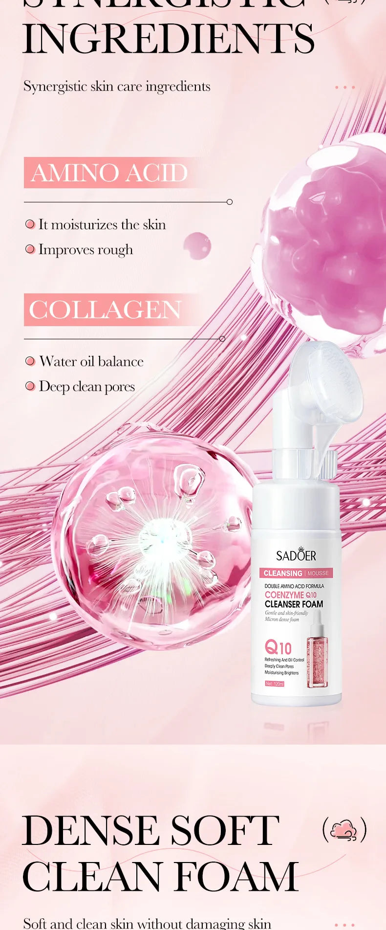 SAODER Q10 & Vitamin C Facial Cleanser — Moisturizing Brightening Face Wash Foam for Gentle Skin Cleansing