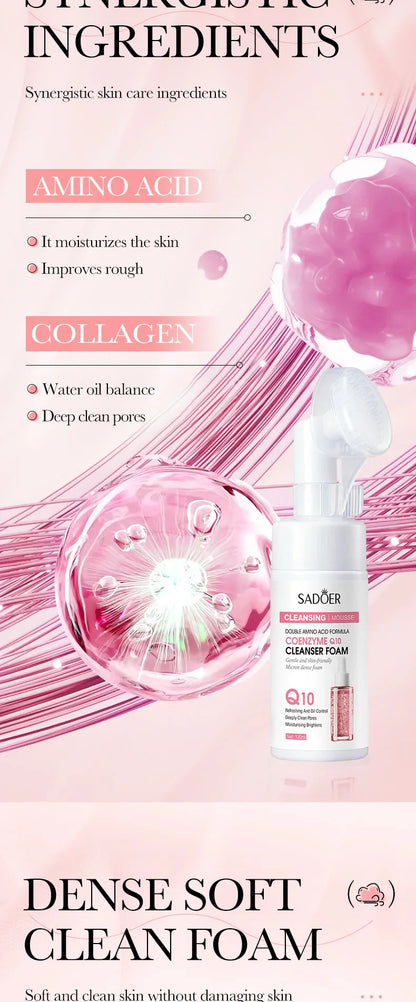 SAODER Q10 & Vitamin C Facial Cleanser — Moisturizing Brightening Face Wash Foam for Gentle Skin Cleansing
