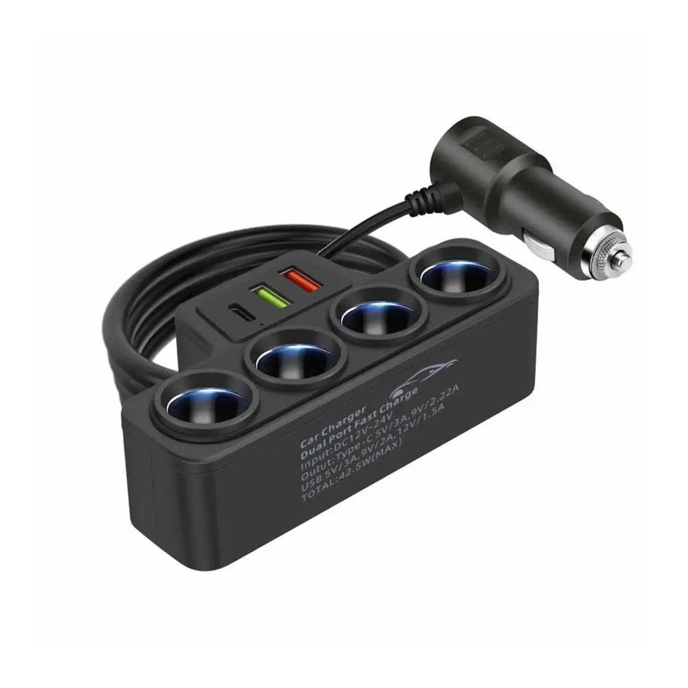 12V/24V Car Cigarette Lighter Adapter – 4 Socket USB Charger with QC3.0 & PD3.1A, 120W Car Accessories Port