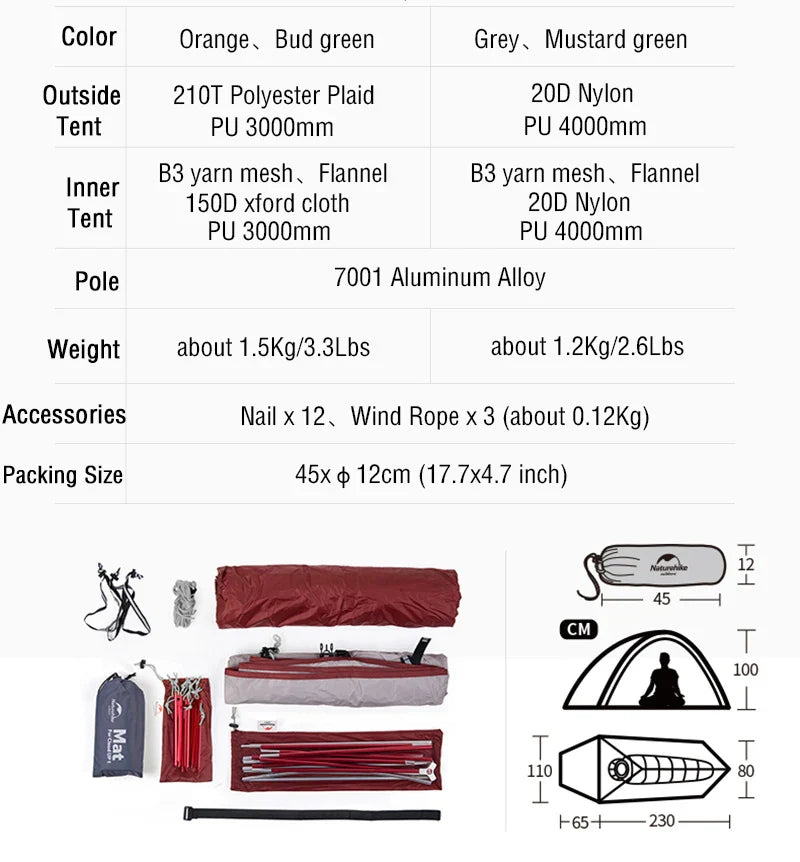 Naturehike Cloud Up 1-Person Camping Tent – Ultralight, Portable, Waterproof Folding Backpack Shelter for Travel & Beach