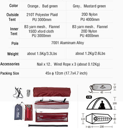 Naturehike Cloud Up 1-Person Camping Tent – Ultralight, Portable, Waterproof Folding Backpack Shelter for Travel & Beach