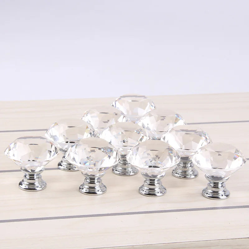 10Pcs/set 30mm Diamond Shape Crystal Glass Knobs - Cupboard Drawer Pull Kitchen Cabinet Door Wardrobe Handles Hardware