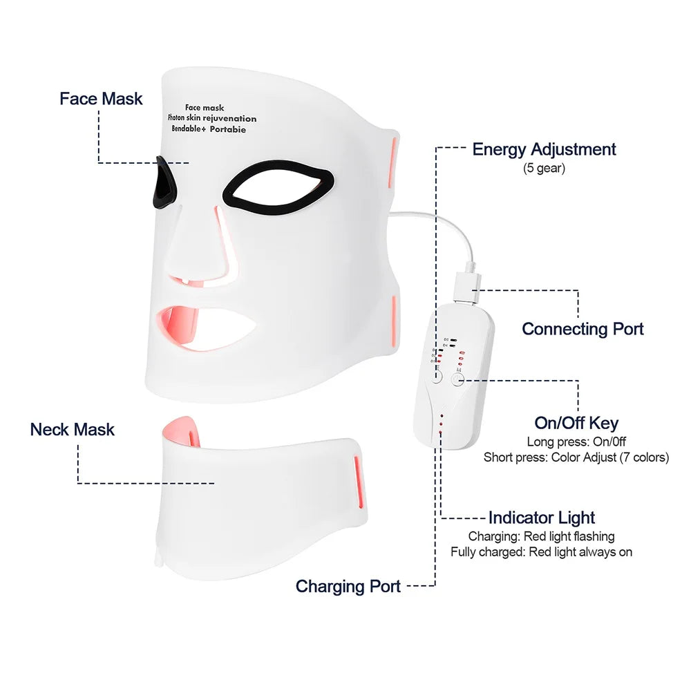 Silicone LED Mask with Neck – 7-Color Photon Red Light & Infrared Therapy, Flexible Wireless Facial Skin Repair Mask
