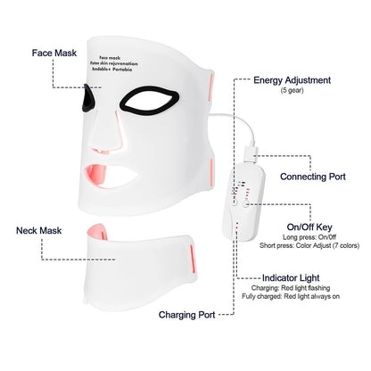 Silicone LED Mask with Neck – 7-Color Photon Red Light & Infrared Therapy, Flexible Wireless Facial Skin Repair Mask