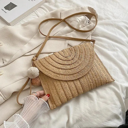 Handmade Straw Beach Bag – Small Woven Summer Shoulder Crossbody Clutch with Hair Ball
