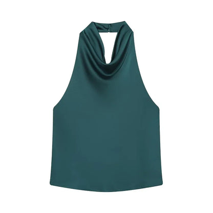 Women's Satin Halter Backless Camisole Top – Off Shoulder Summer Beach Tank Blouse