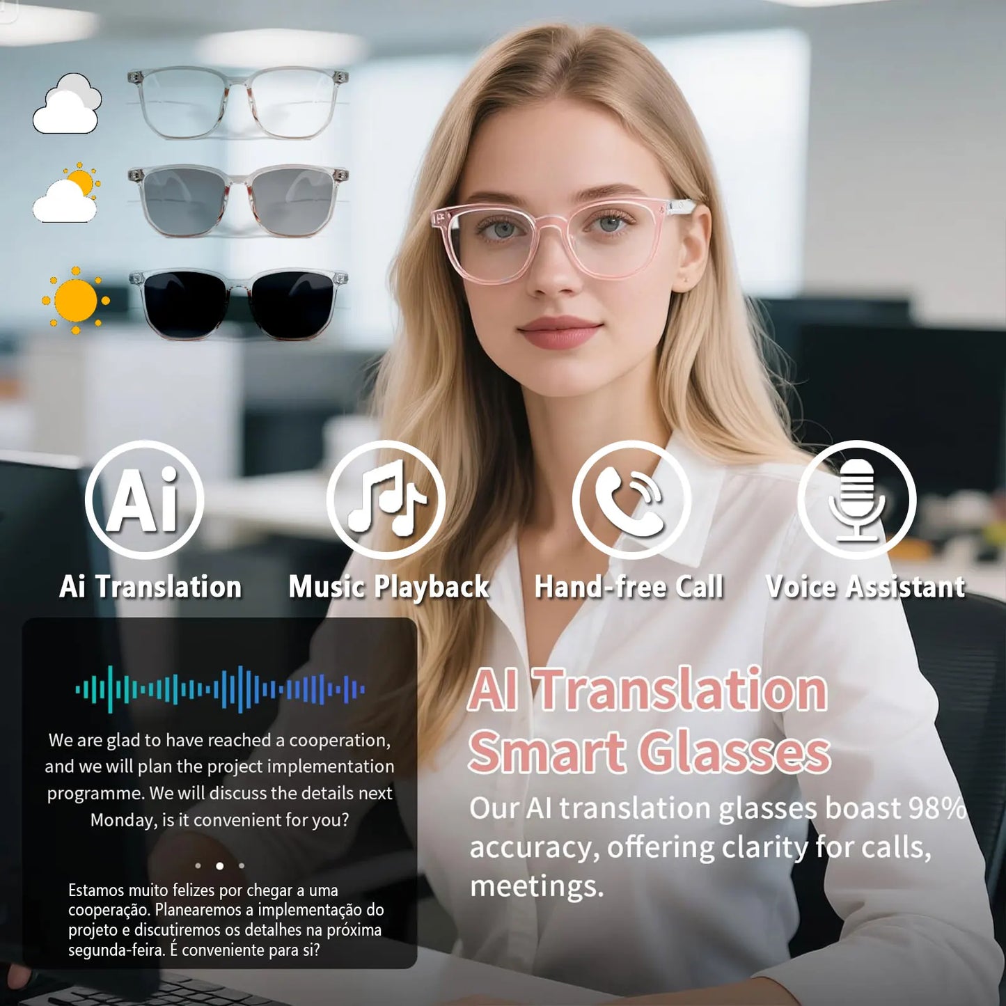 Smart AI Translation Glasses – Real-Time Audio Translation in 160+ Languages with Light-Sensitive Color-Changing Lenses