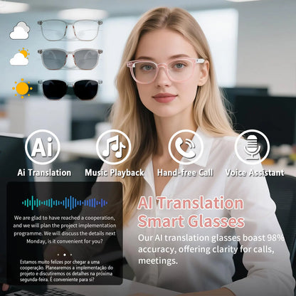 Smart AI Translation Glasses – Real-Time Audio Translation in 160+ Languages with Light-Sensitive Color-Changing Lenses