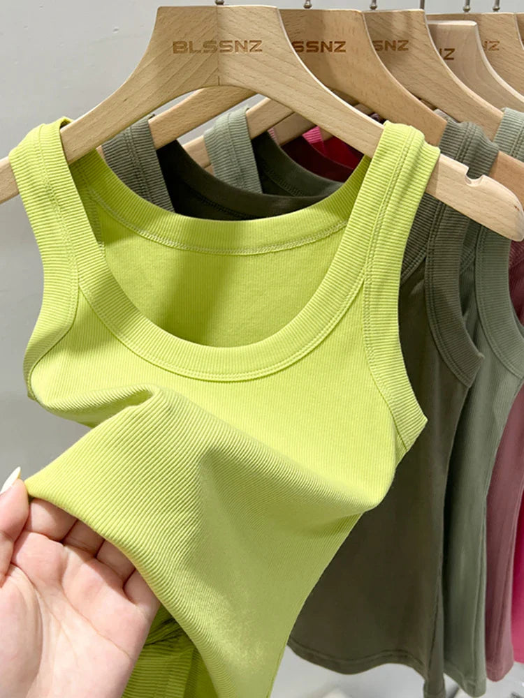 Women’s Ribbed Tank Top Camisole – Solid Color Round Neck Elastic O-Neck Basic Summer Sleeveless Top
