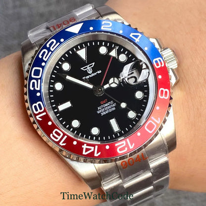 Tandorio 40mm Men’s Automatic Watch – NH34A Movement, GMT Function, Luminous Black Dial, Sapphire Crystal, Auto Date & Rotating Bezel