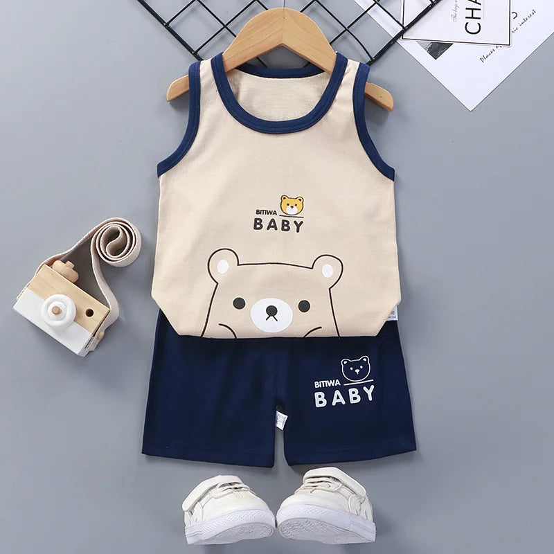 2PCS Kids Summer Vest Set – Cotton Sleeveless T-Shirt & Shorts for Boys & Girls Baby Clothes