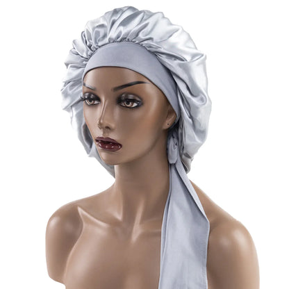 Satin Nightcap for Women - Wide Stretch, Extra-Large Long Tail, Shower Cap with Ribbon, Round Hat Hair Bonnet