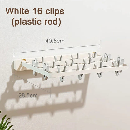 Wall-Mounted Folding Drying Rack with Windproof Sock Clips – Space-Saving Clothing Hanger for Household Laundry