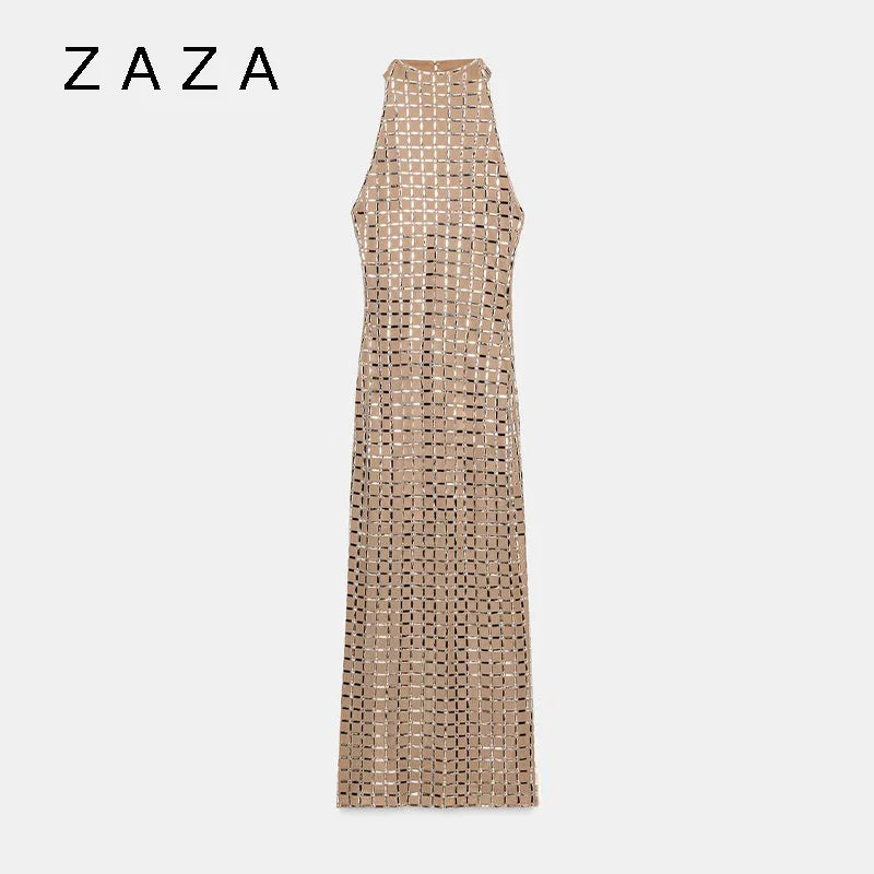 Zaza Chic Elegant Shiny Maxi Dress – Sleeveless High Neck Slim Fit Party Dress for Women