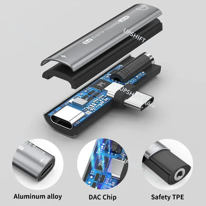 2-in-1 USB C to 3.5mm Headphone & Charger Adapter with PD Fast Charge, DAC Decoding Chip, and HIFI Sound - T-Shape Connector