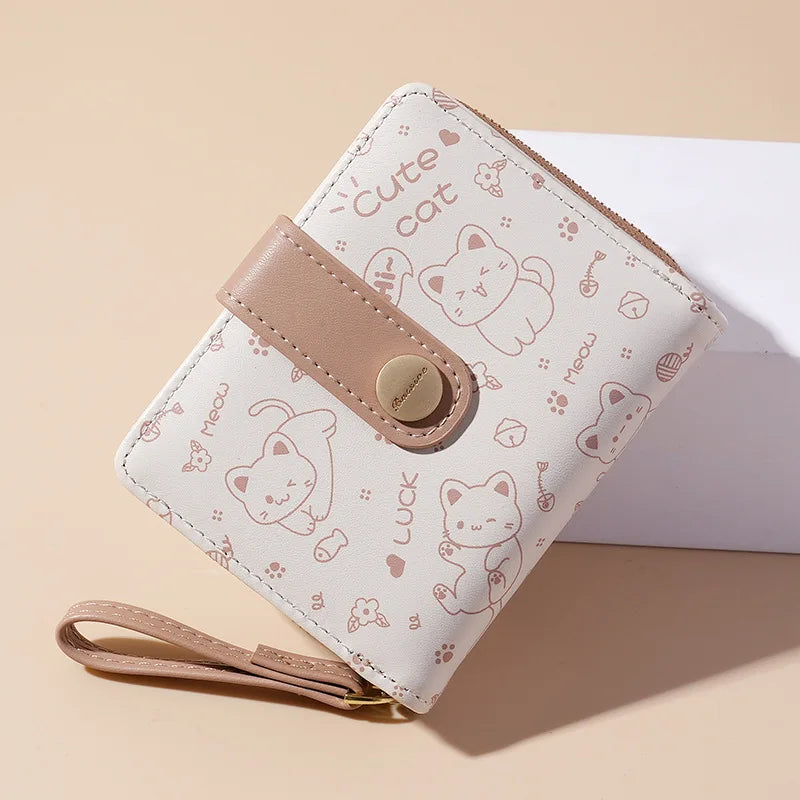 Japanese Cute Cat Wallet for Girls – Short Zipper Wallet, ID & Bank Card Holder, Coin Purse & Key Storage for Women