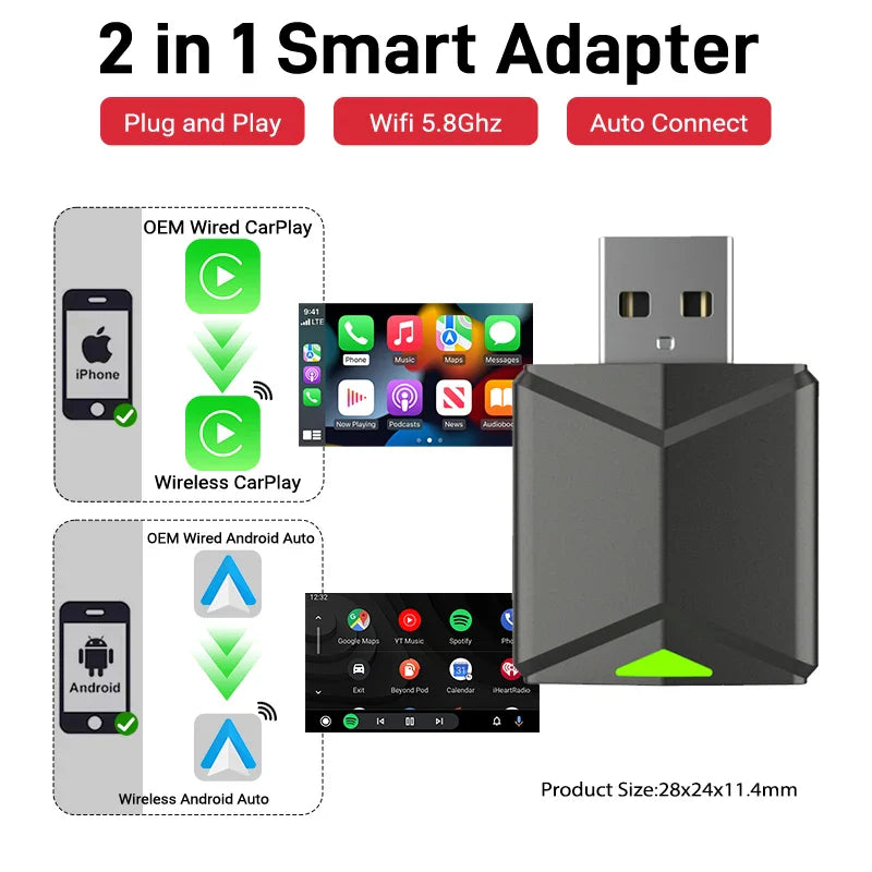 2025 Wired to Wireless CarPlay 2 in 1 Mini Adapter – Android Auto Smart Box, Plug & Play, OTA Update, Universal Compatibility
