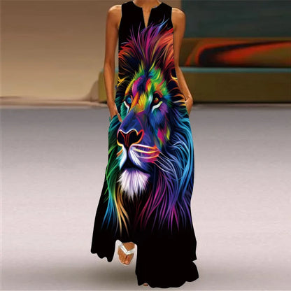 Vintage Boho Maxi Dress - Women's Summer V Neck Sleeveless Long Sundress with Pockets