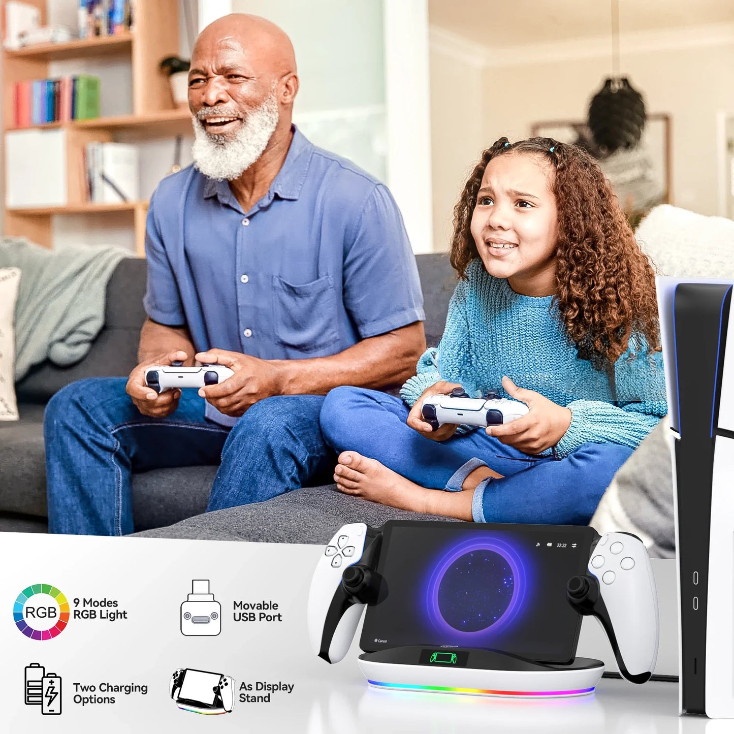 PlayStation Portal Charging Dock Station - Charger Stand with 9 Lights & Handheld Holder for PS Portal