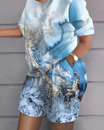 Women’s Printed 2-Piece Shorts Set – Short Sleeve T-Shirt & Elastic Waist Pants Matching Summer Y2K Outfit with Pockets (2025)