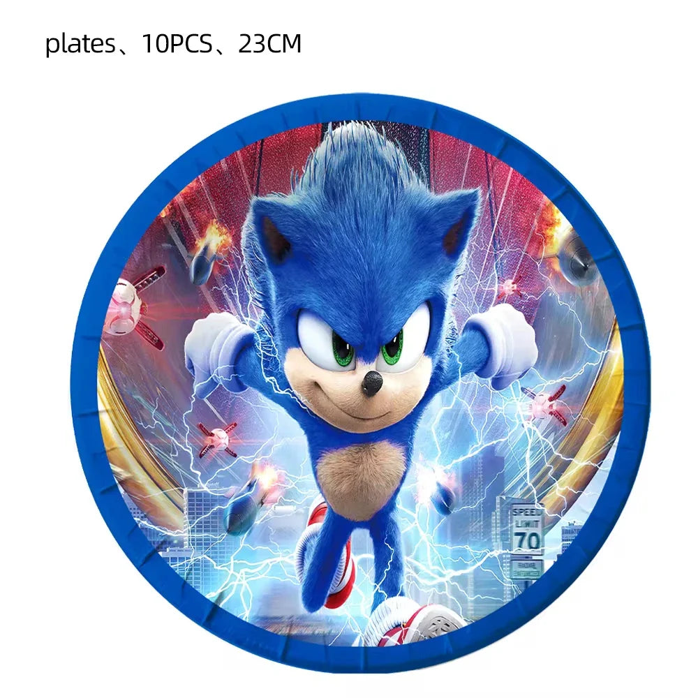 Sonic Cartoon Party Supplies Set – Disposable Tableware with Plates, Cups, Napkins & Balloons for Boys’ Birthday & Baby Shower Decor