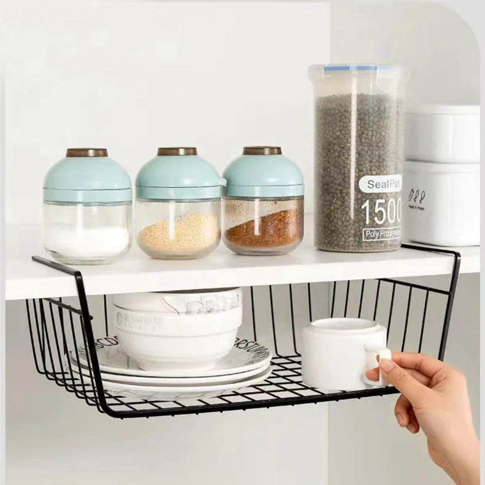 Metal Iron Kitchen Organizer Shelf - Cabinet Storage Rack with Hanging Mesh Basket for Desk, Wardrobe, and More