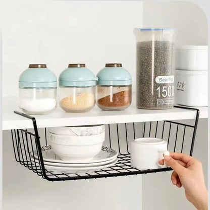 Metal Iron Kitchen Organizer Shelf - Cabinet Storage Rack with Hanging Mesh Basket for Desk, Wardrobe, and More