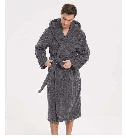 Men’s Fall & Winter Warm Hooded Robe – Thickened Cotton Velvet Jacquard Homewear for Couples