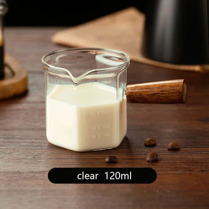 120ml Glass Espresso Measuring Cup with Wooden Handle — Hexagon Coffee Milk Jug & Sauce Pitcher
