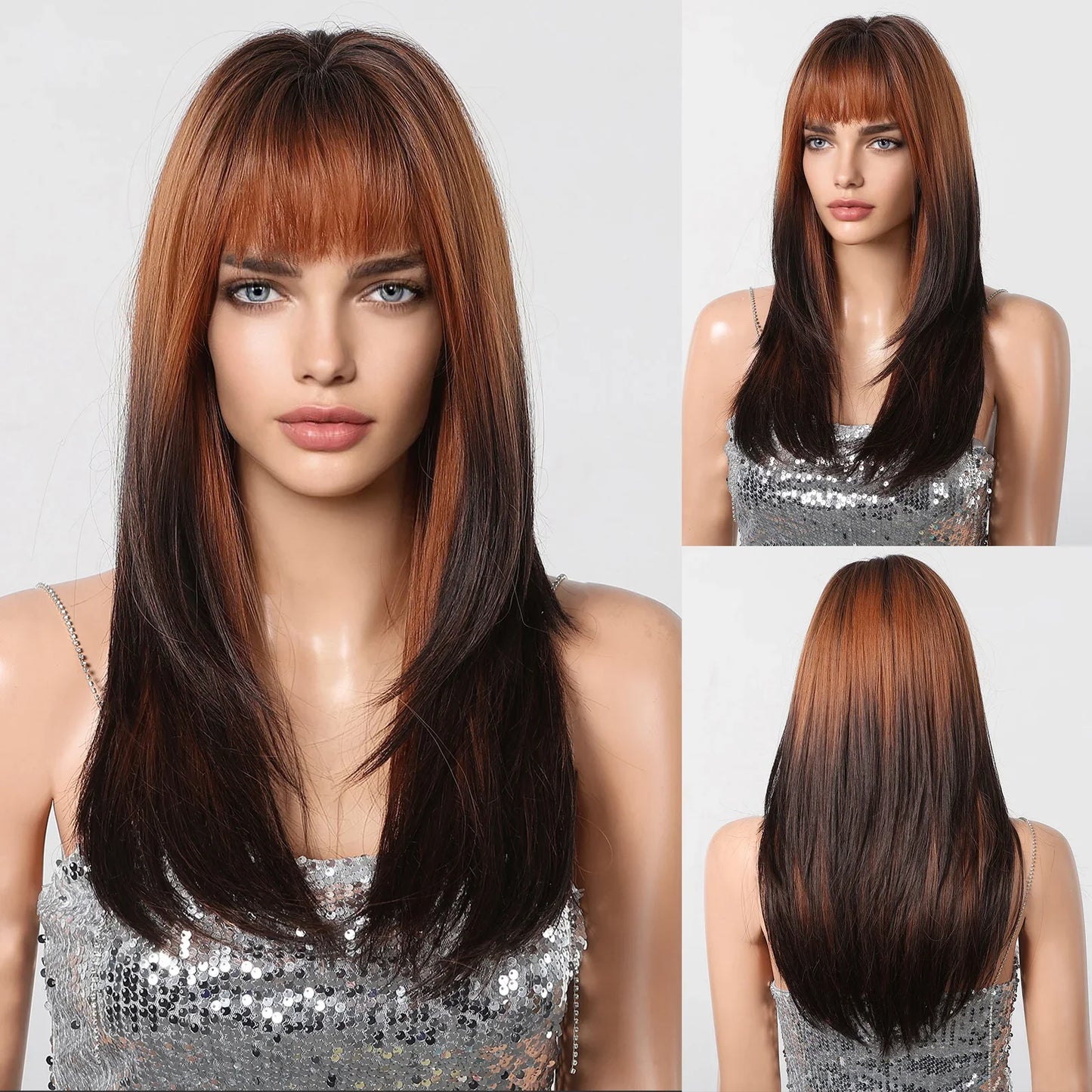 ALAN EATON Blonde Layered Synthetic Wig with Bangs – Long Straight Heat-Resistant Wig for Women & Girls, Natural Daily Hair