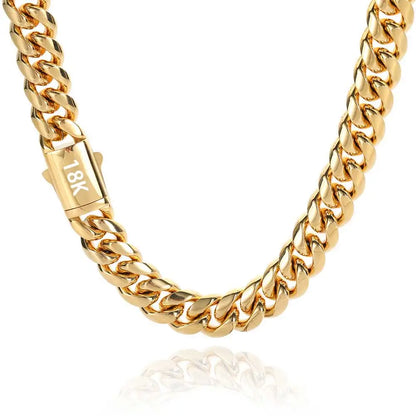 High-Quality Stainless Steel Gold Color Cuban Chain Necklace – 8-14mm Width, Waterproof Curb Link for Men & Women, Multiple Sizes