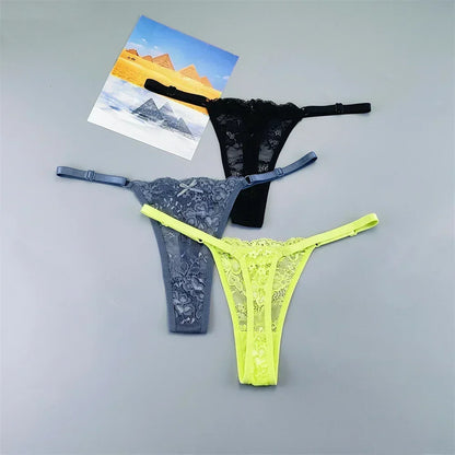 Women's Transparent Lace Thong Set - 3PCS Adjustable Low Waist Sexy T-Back Underwear