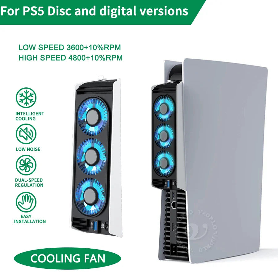 PS5 Disc & Digital Console Cooling Fan – USB 3.0 Hub with 2-Speed Adjustable Cooling System Gaming Accessory
