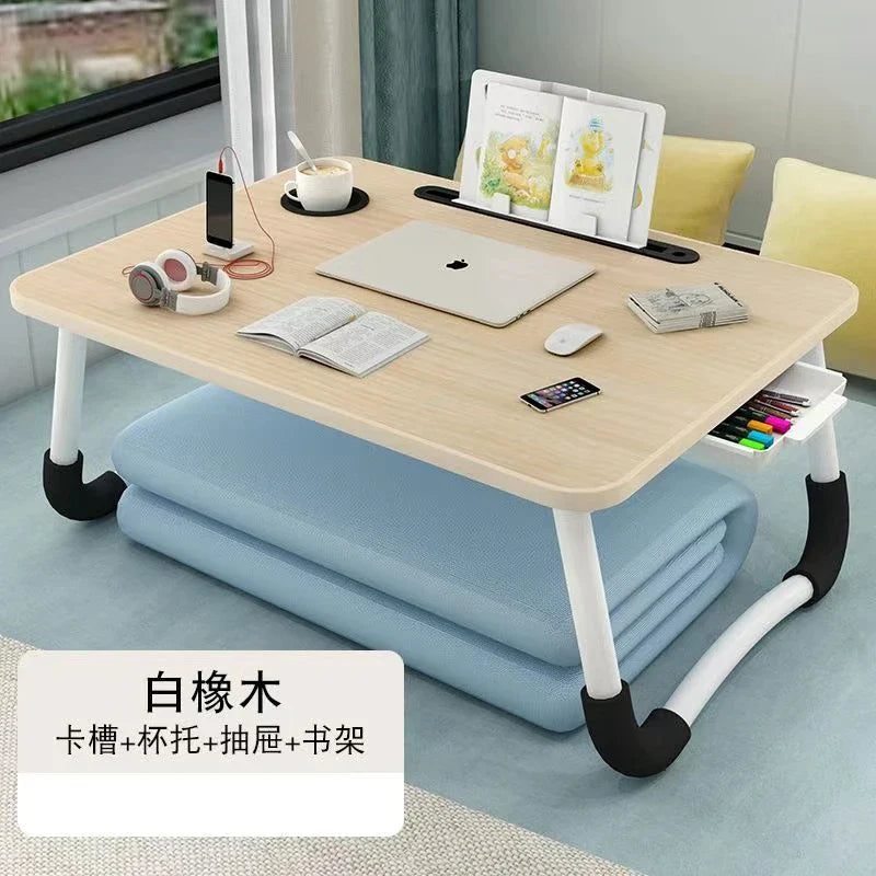 Foldable Laptop Desk for Bed & Sofa – Portable Lap Table with Cup, Book Holder, Drawer, and USB Slot