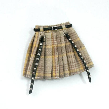 Blythe Doll Clothes Plaid Pleated Skirt & Off-Shoulder Top Tulle Dress Set — Ruffle Skirt for Licca, Azone, OB22, YMY Doll Accessories
